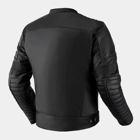 Black leather jacket on a light gray background