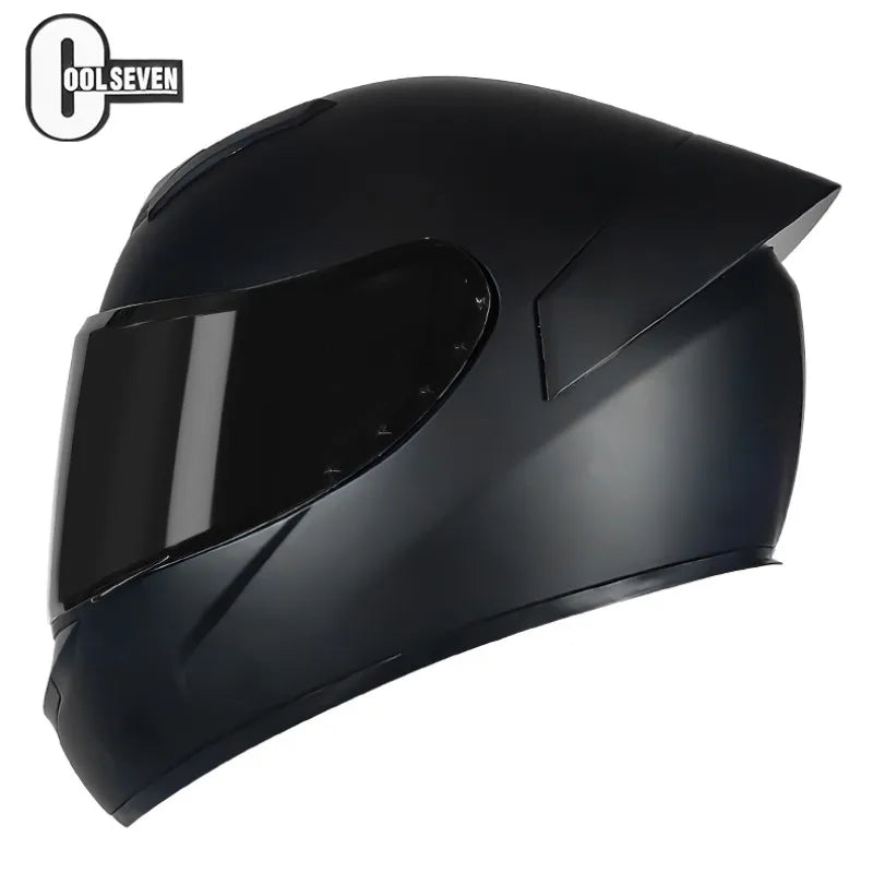 Black motorcycle helmet on a white background with 'Cool Seven' branding.