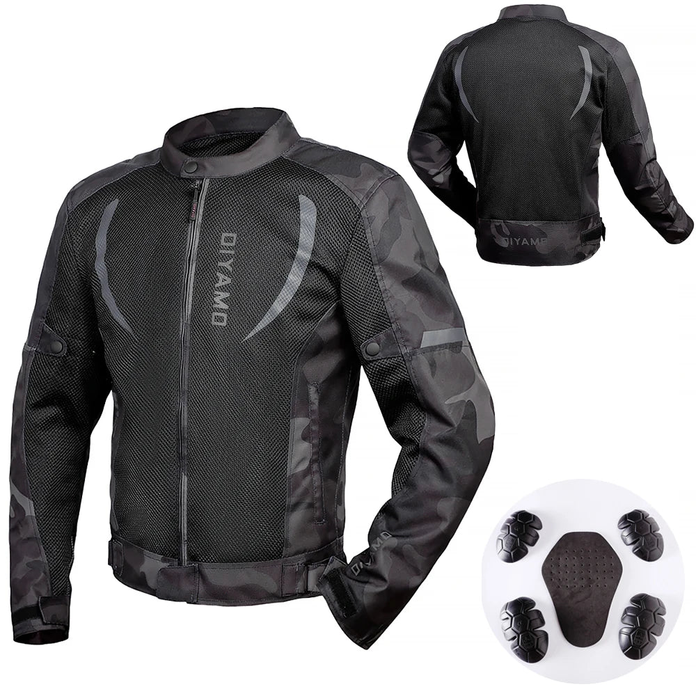 Black motorcycle jacket with mesh design and brand logo, shown from front and back on a white background.
