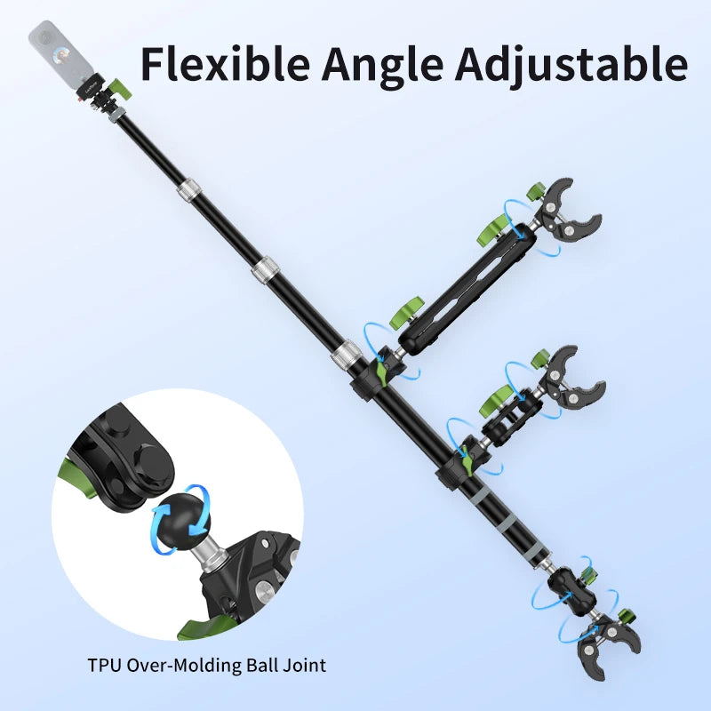 LanParte Extendable Motorcycle Boom Arm – Aluminium Alloy, 360° Adjustable, GoPro & Insta360 Compatible