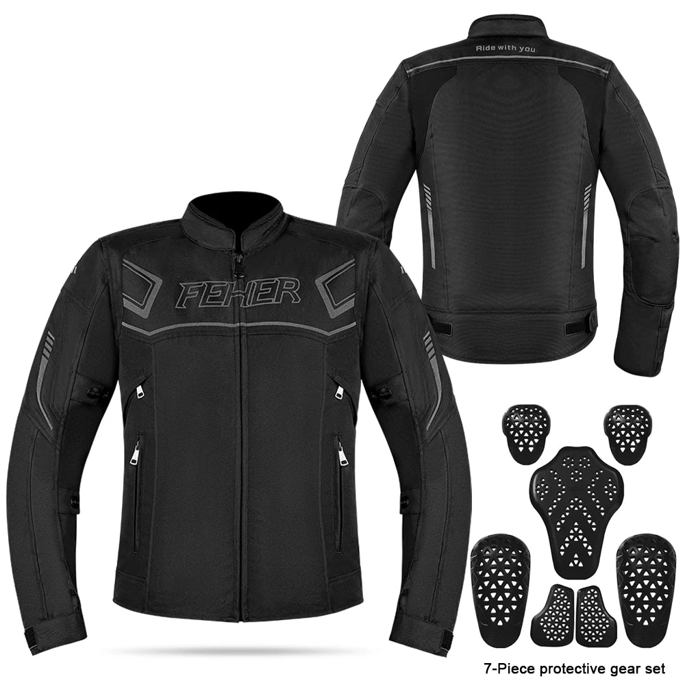 FEHER Waterproof Winter Motorcycle Riding Jacket – 7-Piece CE Level 1 Armor, 600D Oxford, Thermal Lining