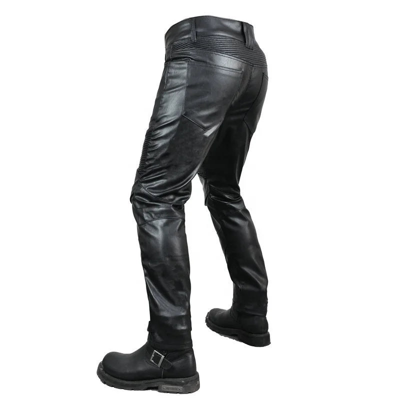 MJMOTO PU Leather Motorcycle Pants – CE Knee + Hip Pads, Waterproof + Oil-Proof, Windproof, Stretch