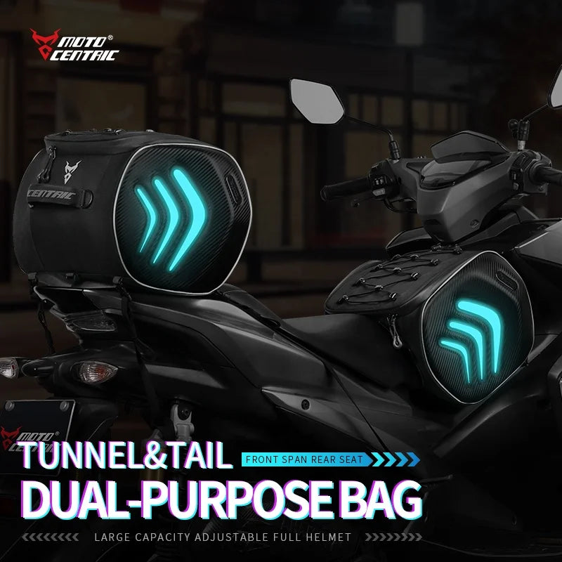 MOTOCENTRIC Waterproof Motorcycle Tail Bag with LED – 20L, 1200D Waterproof, EVA Shell, Universal Fitment