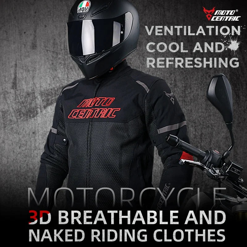 MOTOCENTRIC Retro Mesh Motorcycle Riding Jacket – CE Shoulder + Elbow + Back Pads, 3D Mesh, 360° Reflective