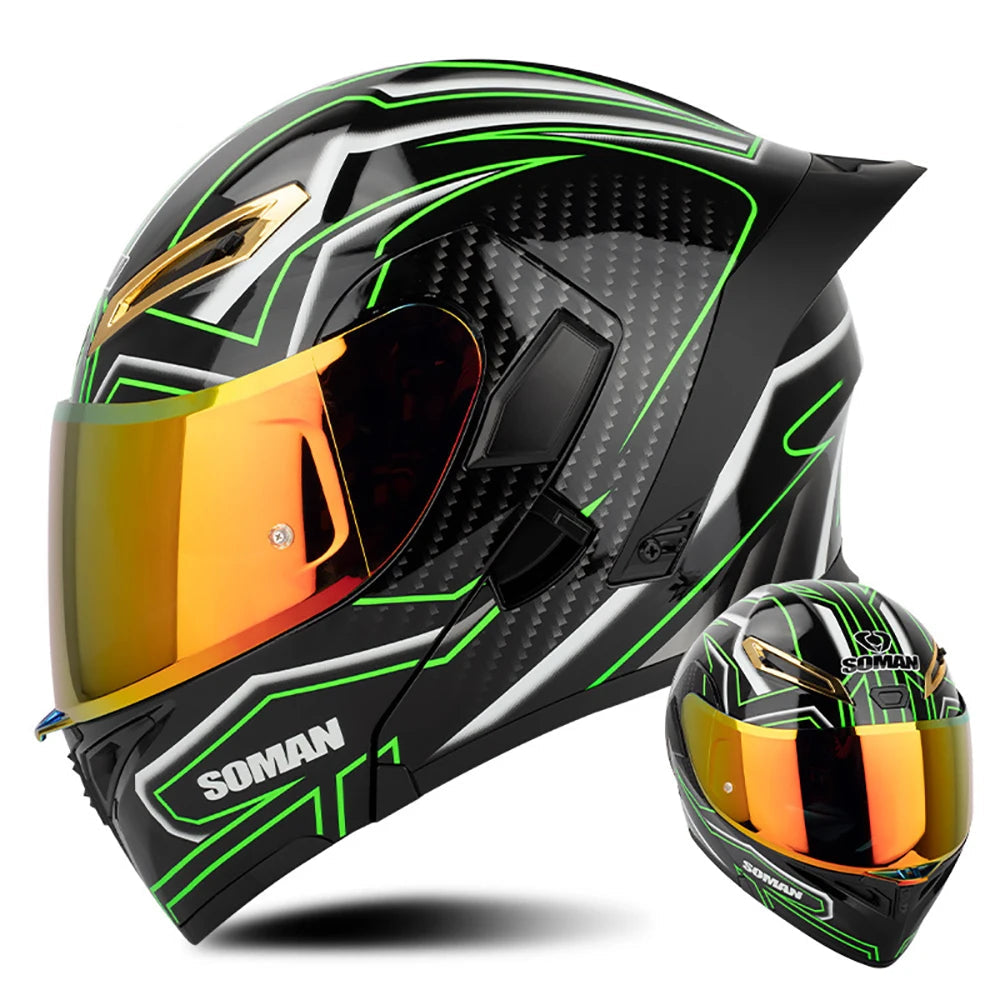 SOMAN Dual Lens Full Face Motorcycle Helmet – DVS Dual Visor, HD Outer Lens, UVA+IR Inner Sunglasses, Multi-Vent