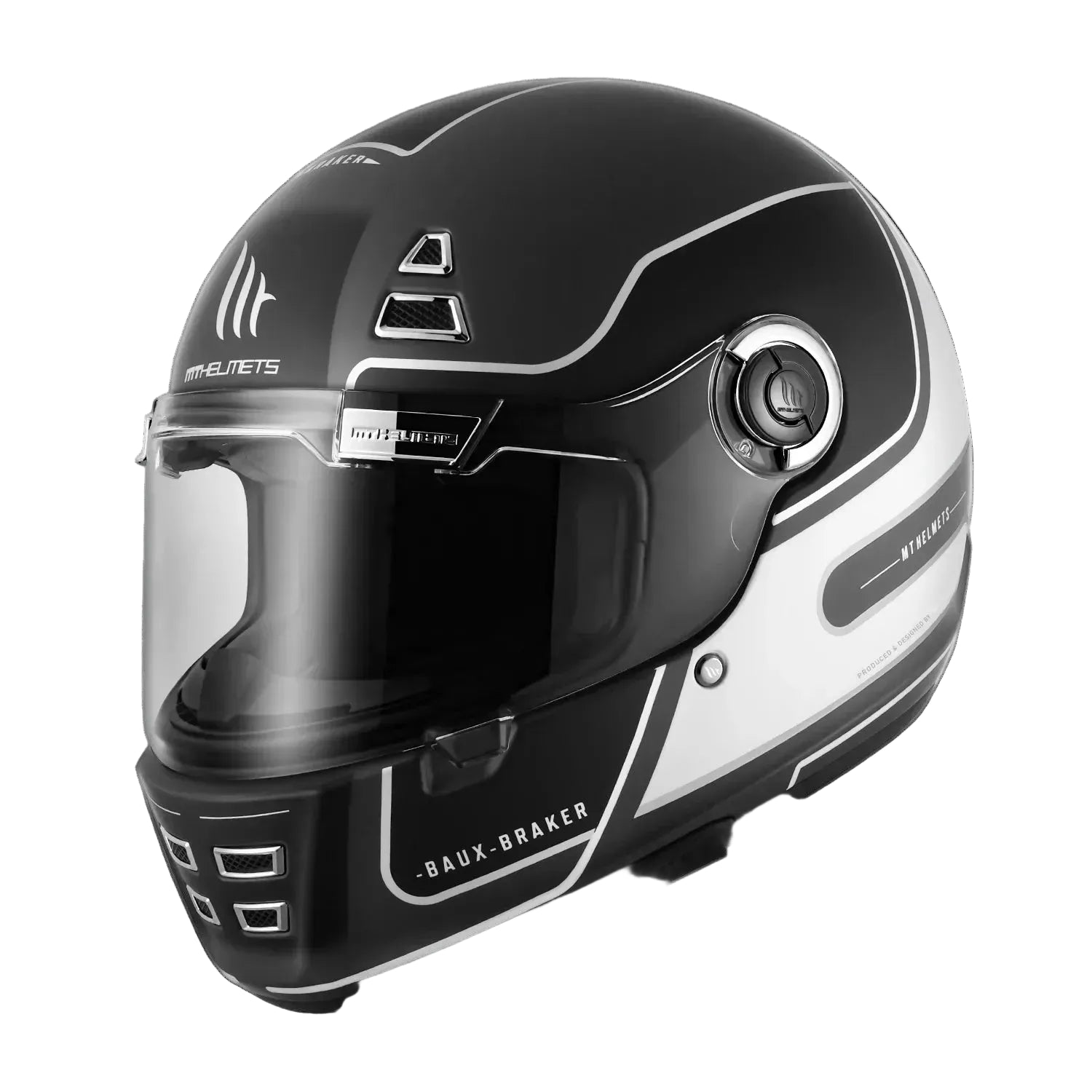 Black and white motorcycle helmet with brand logos on a white background