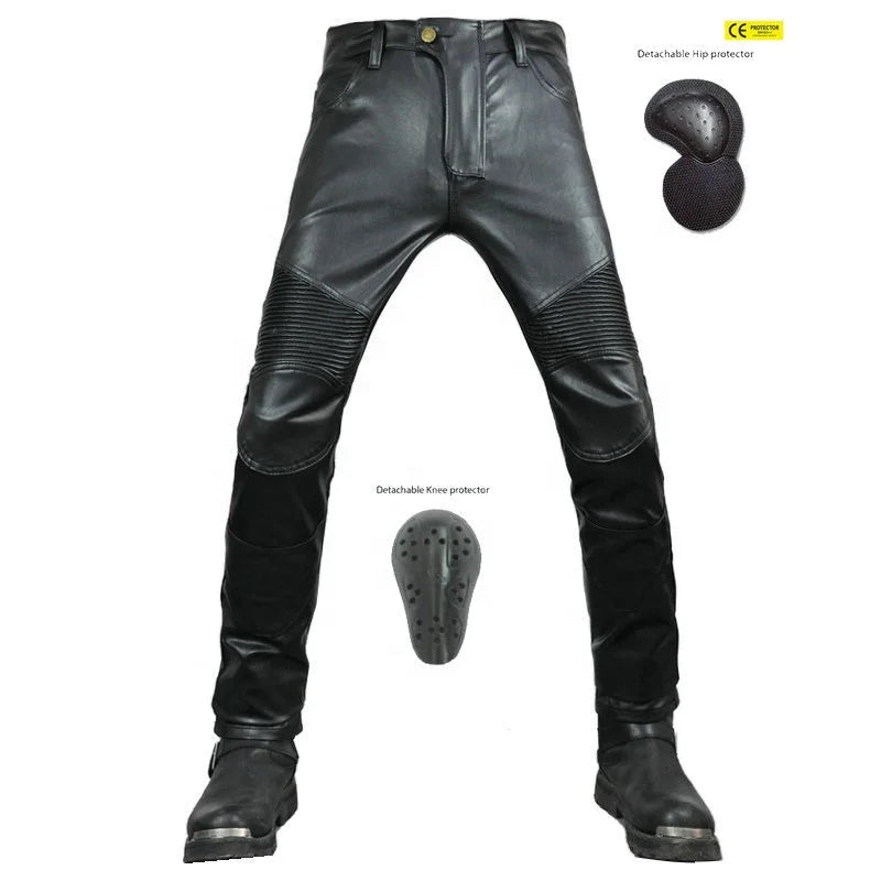 MJMOTO PU Leather Motorcycle Pants – CE Knee + Hip Pads, Waterproof + Oil-Proof, Windproof, Stretch