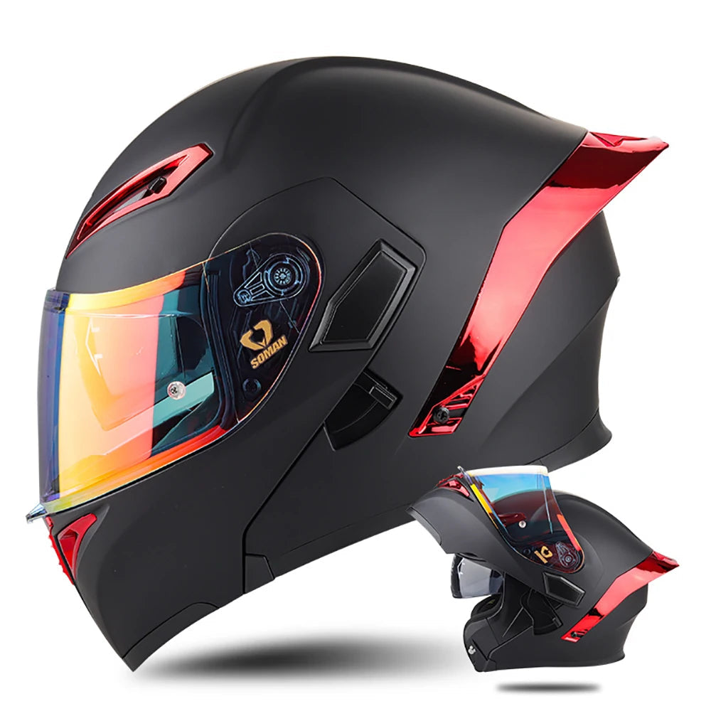 SOMAN Dual Lens Full Face Motorcycle Helmet – DVS Dual Visor, HD Outer Lens, UVA+IR Inner Sunglasses, Multi-Vent
