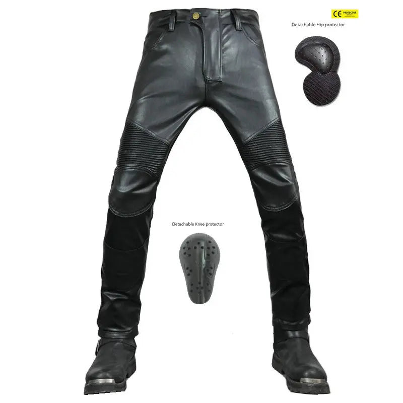 MJMOTO PU Leather Motorcycle Pants – CE Knee + Hip Pads, Waterproof + Oil-Proof, Windproof, Stretch