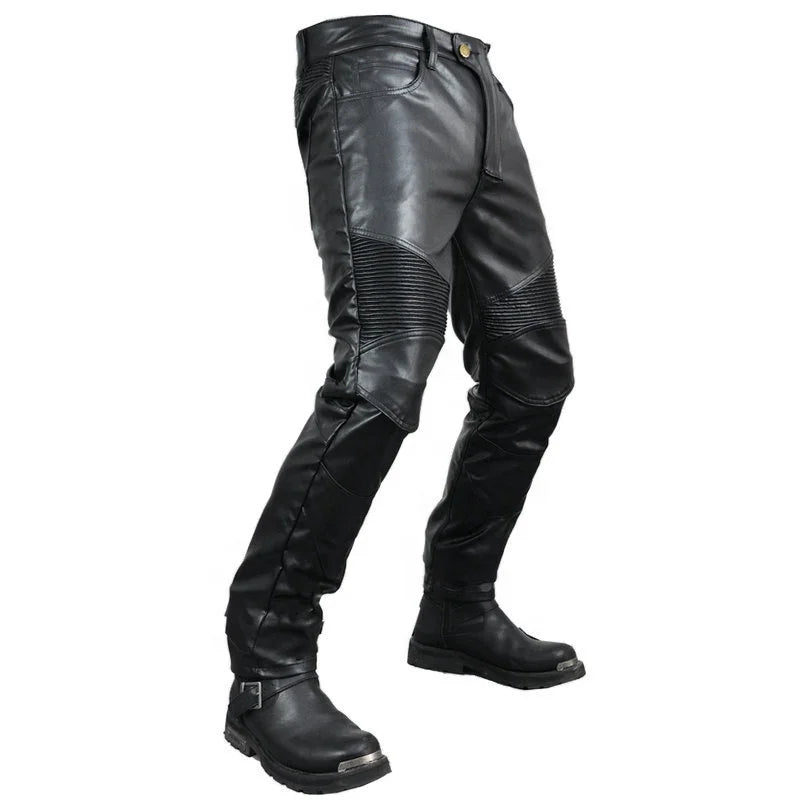 MJMOTO PU Leather Motorcycle Pants – CE Knee + Hip Pads, Waterproof + Oil-Proof, Windproof, Stretch