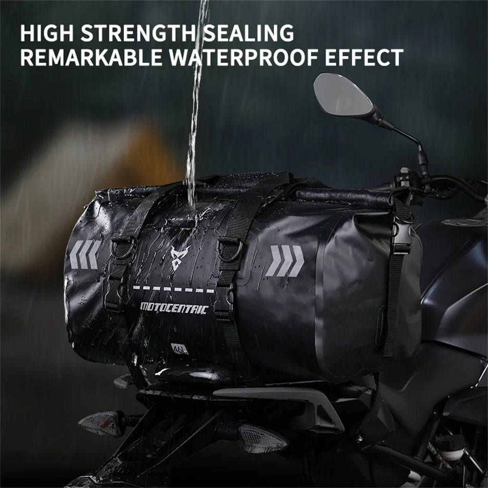 Motorcycle with black waterproof bags on a dark background, demonstrating high strength sealing and waterproof effect.