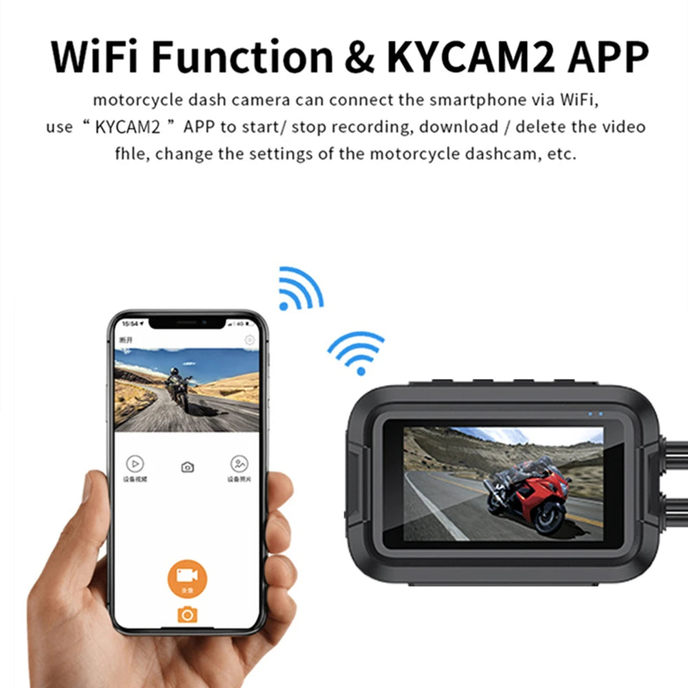 Kocam Full HD Dual 1080P Motorcycle Dashcam – Dual Sony Sensors, 3.0″ IPS Display, GPS + WiFi, IP66 Waterproof