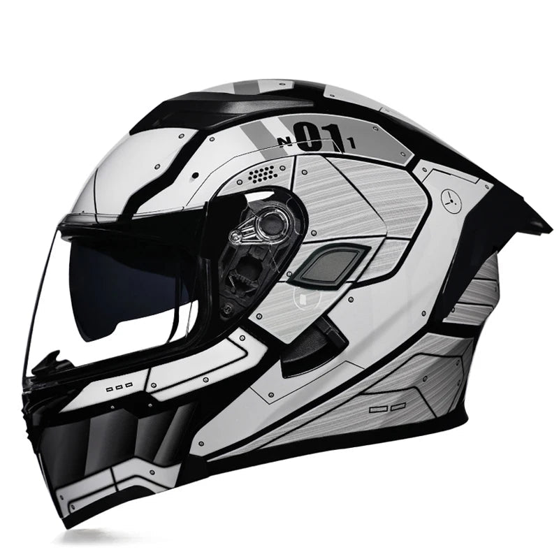 Black and white motorcycle helmet with a clear visor on a white background