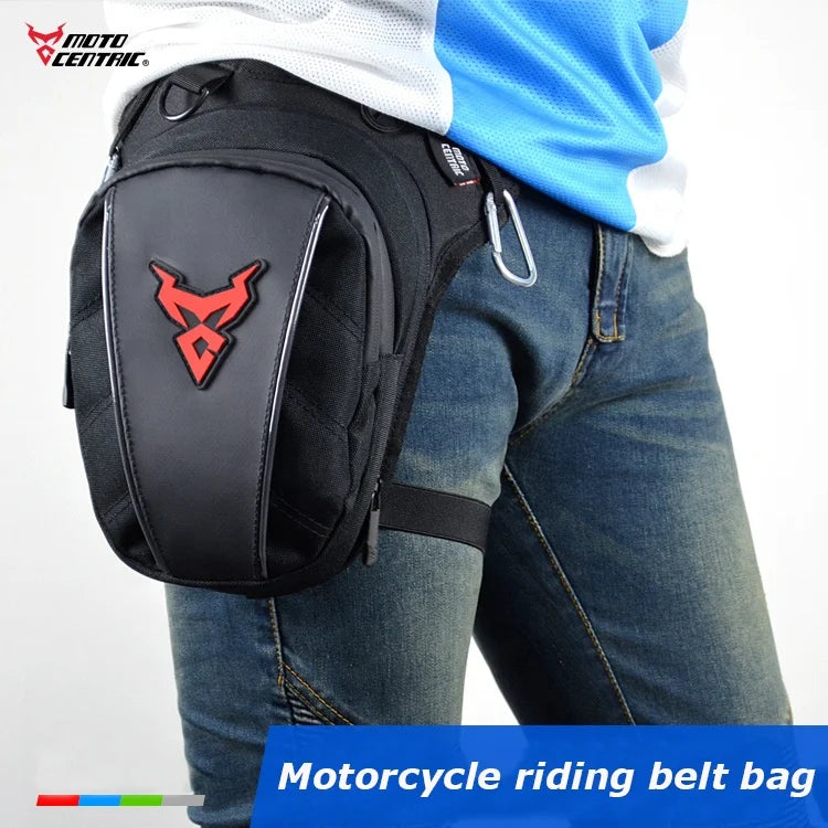 Motorcycle riding belt bag with red logo worn by a person on a white background
