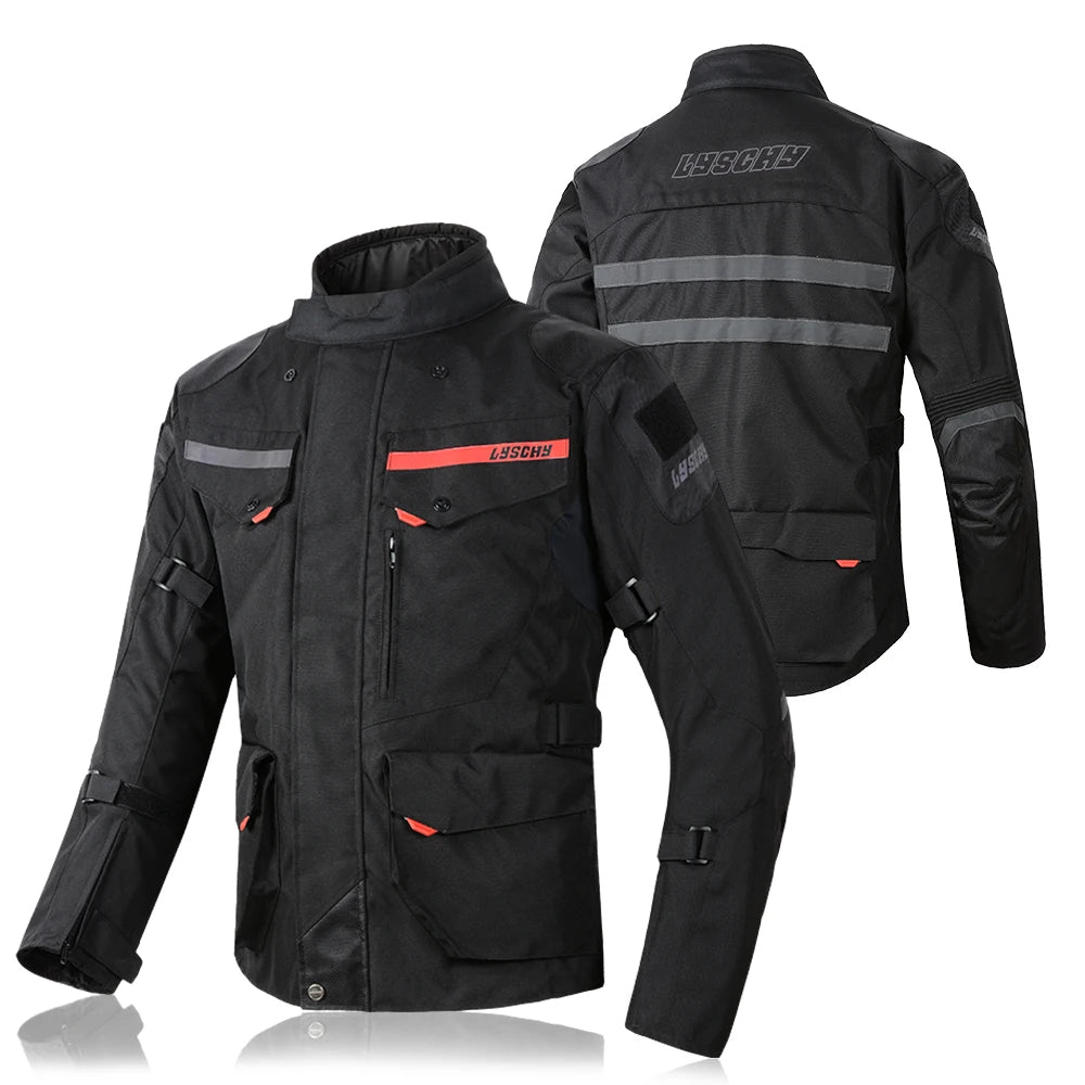 Black motorcycle jacket with reflective stripes and red accents on a white background