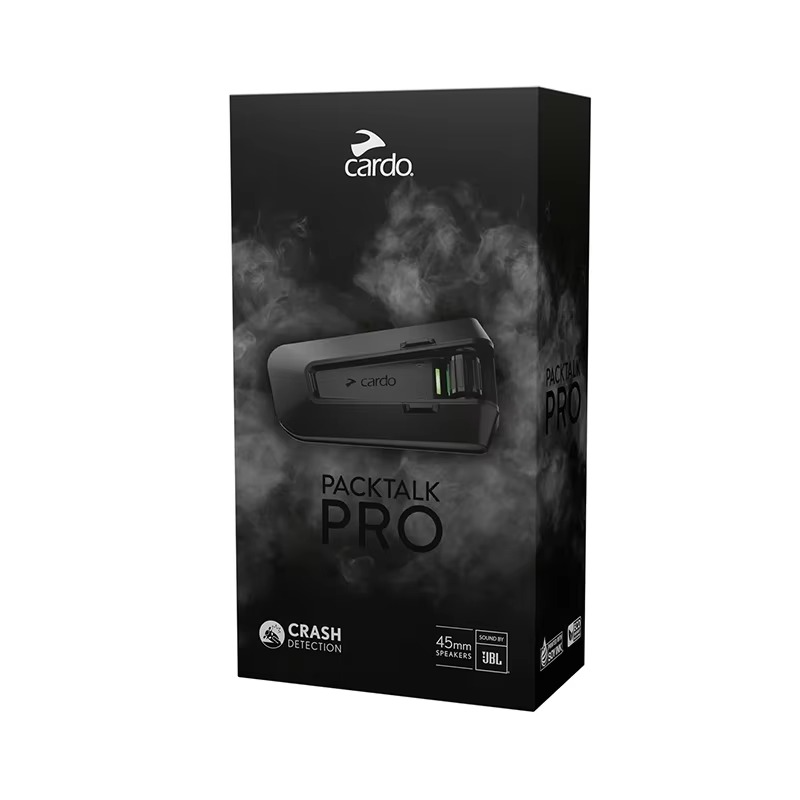 Cardo Packtalk Pro packaging with product image and branding on a dark background