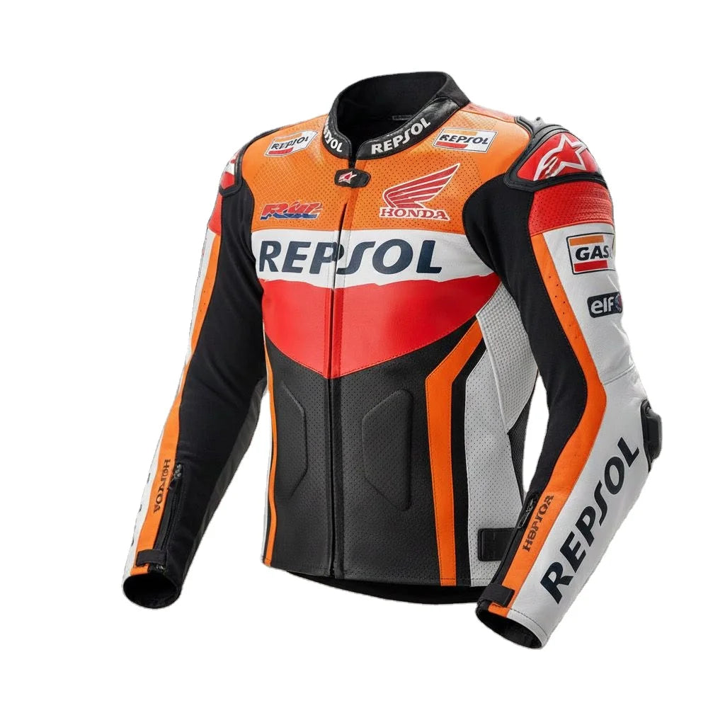 Motorcycle racing jacket with Repsol and Honda branding on a white background