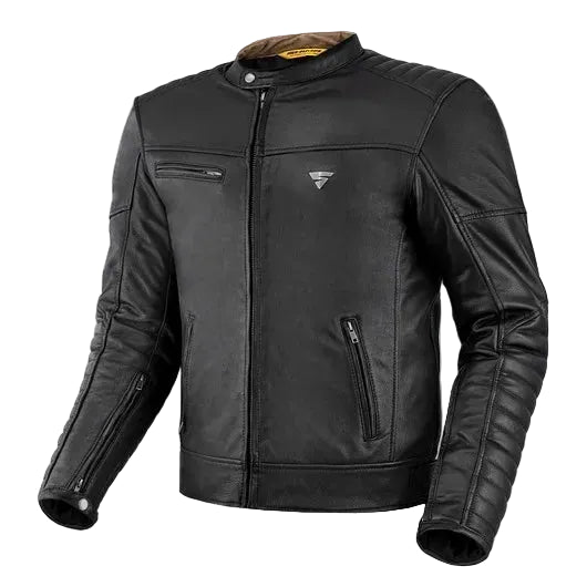 Black leather jacket with brand logo on a light gray background