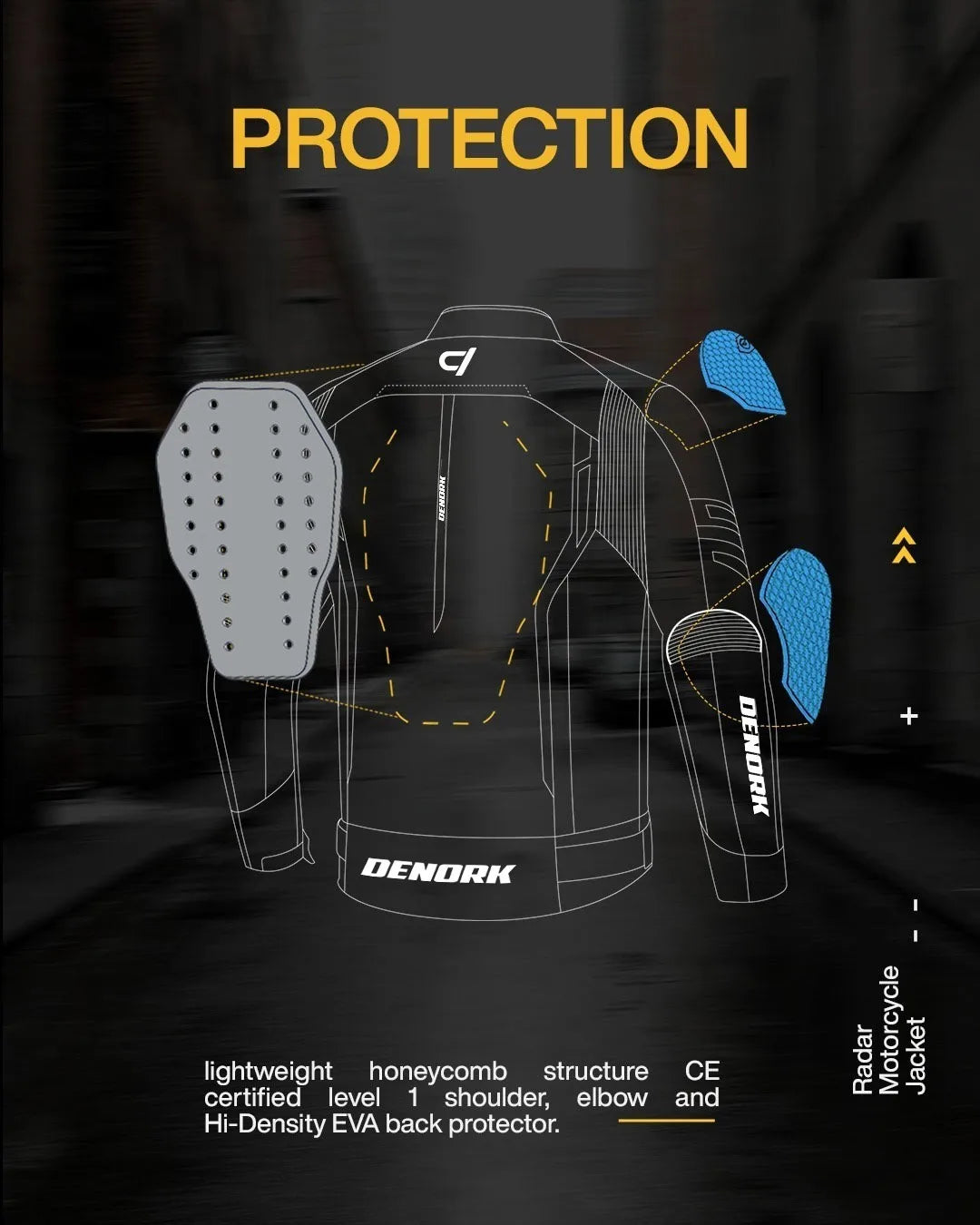 Denork motorcycle jacket with protective padding diagram on a dark background