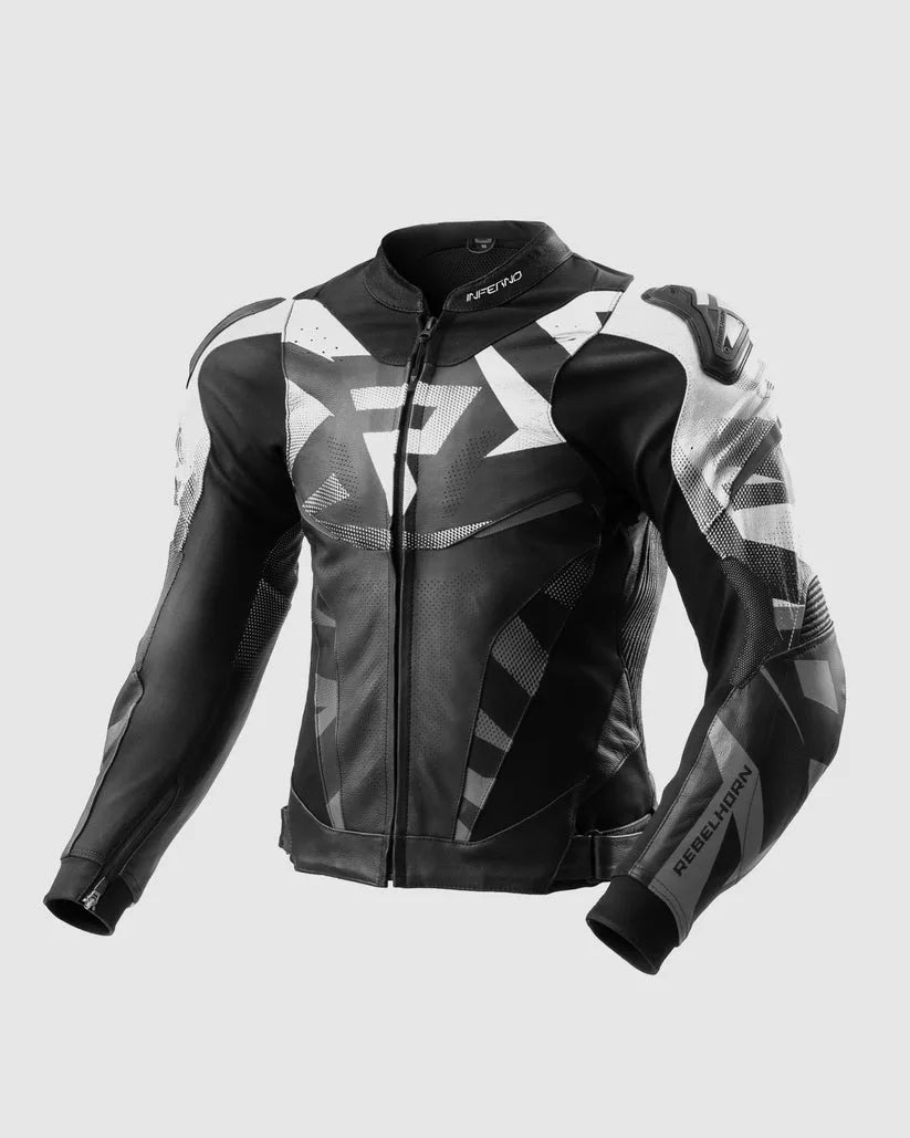 Black and gray motorcycle jacket with geometric patterns on a light gray background