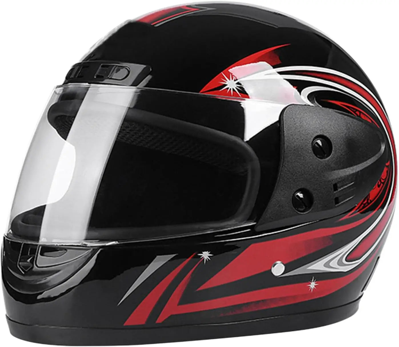 Black and red motorcycle helmet with clear visor on a white background