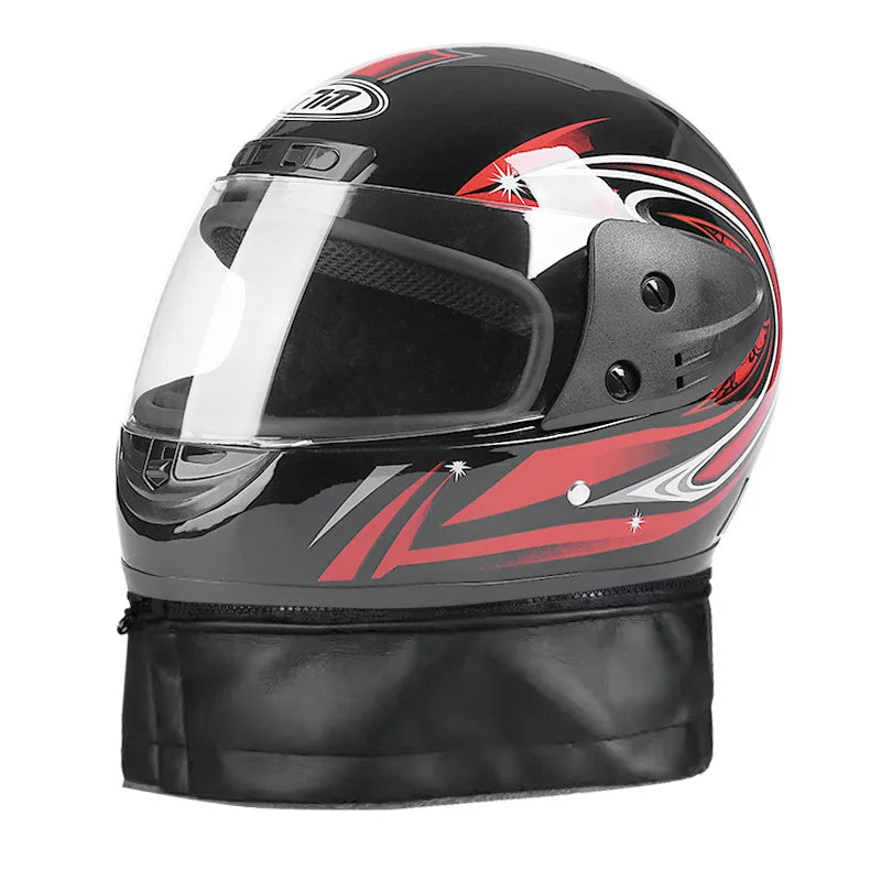 Black and red motorcycle helmet with clear visor on a white background
