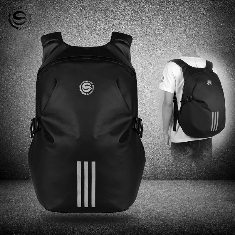 Black backpack with brand logo on a textured gray wall background
