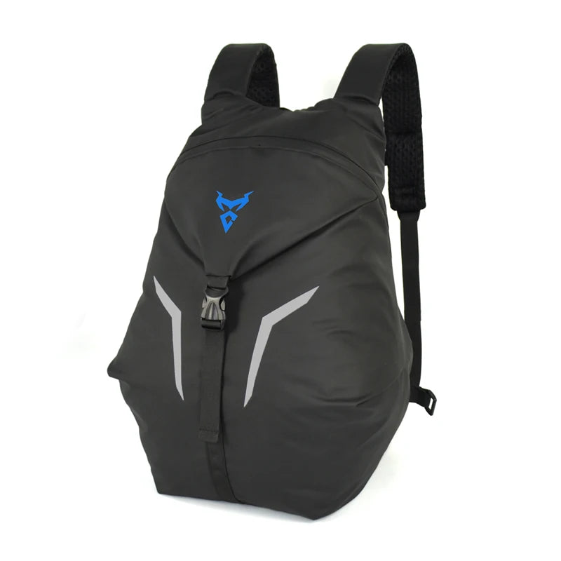 Black backpack with a blue logo on a white background
