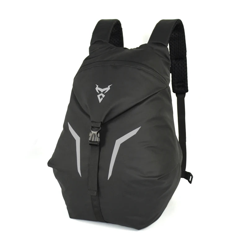 Black backpack with a gray logo on a white background