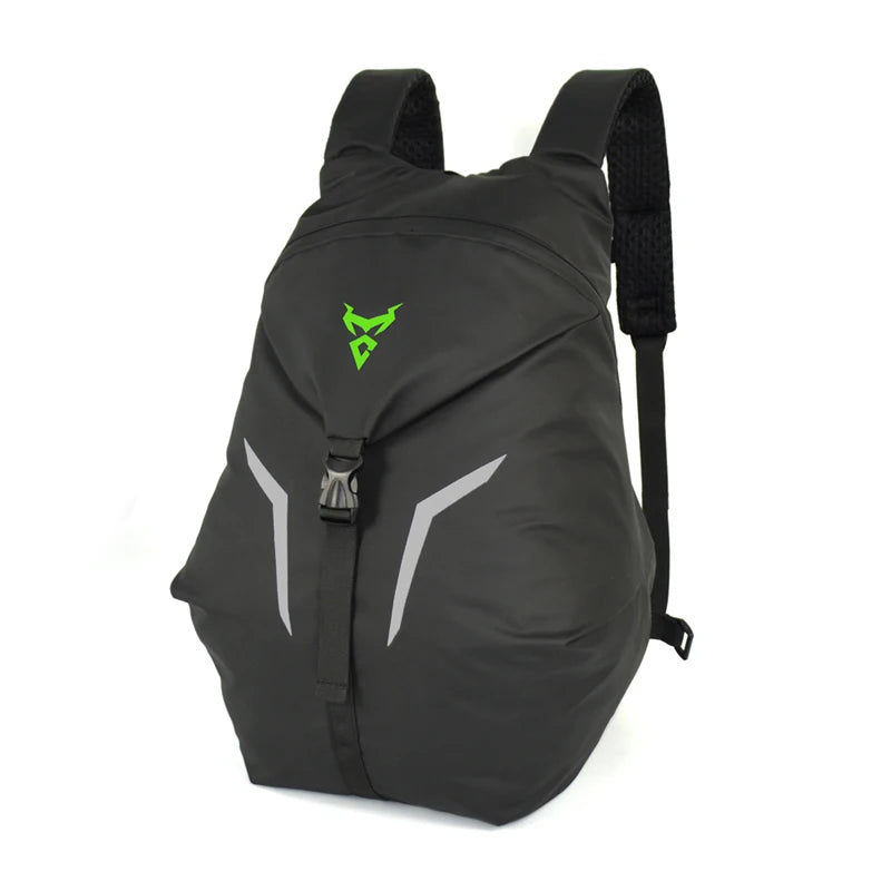 Black backpack with a green logo on a white background