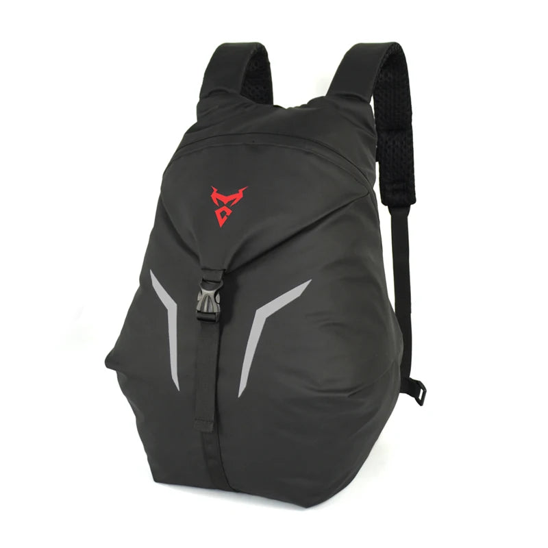 Black backpack with a red logo on a white background