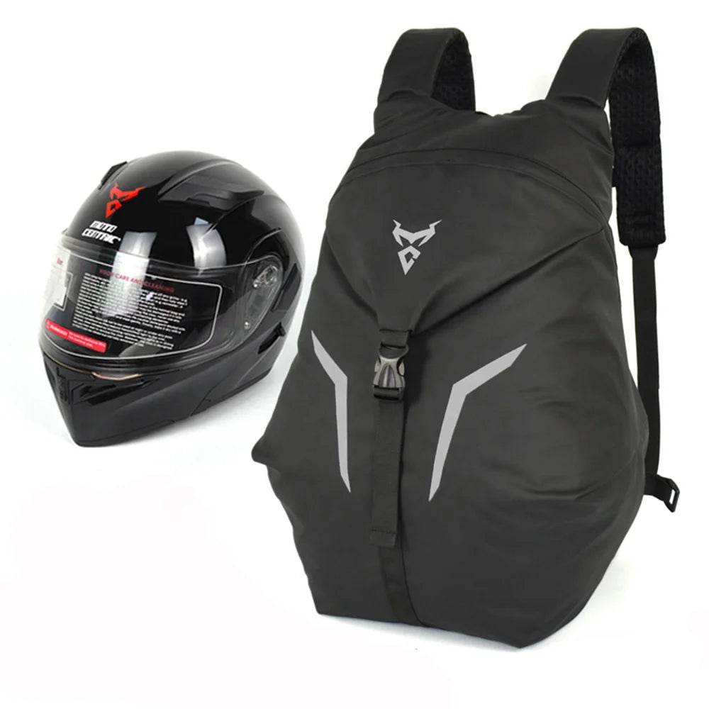 Black motorcycle helmet and backpack with Moto Centric logo on a white background