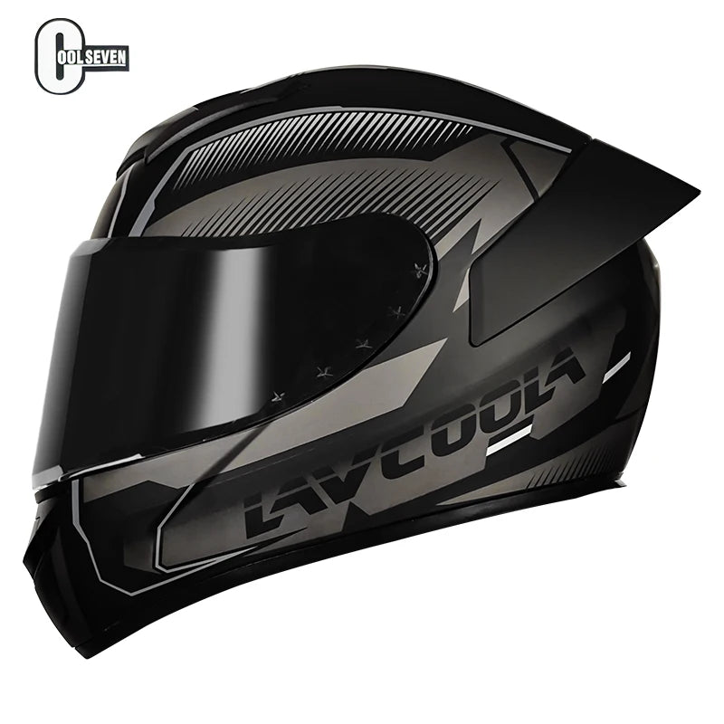 Black motorcycle helmet with 'Cool Seven' branding on a white background