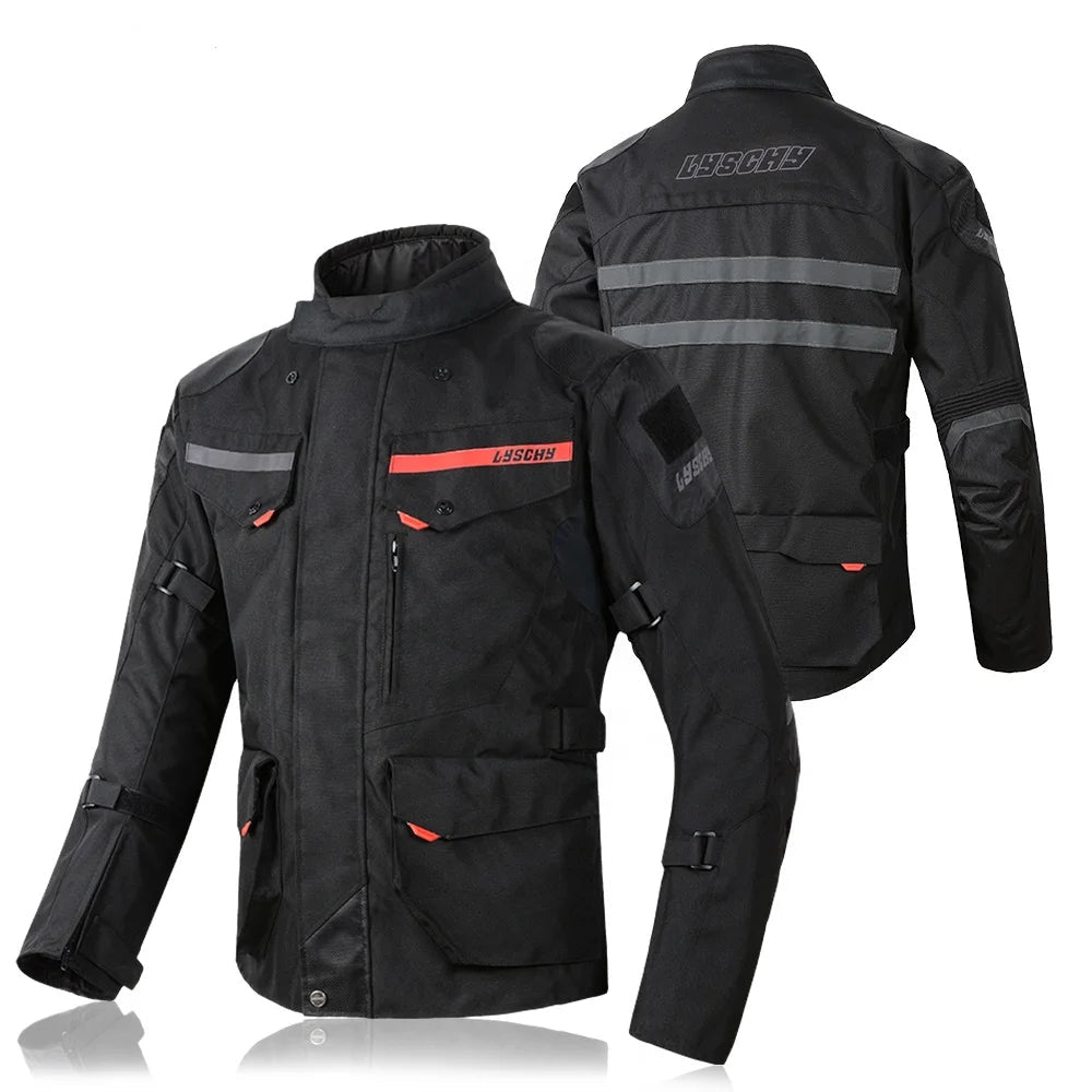 Black motorcycle jacket with reflective stripes and red accents, featuring the LYSCHY brand.