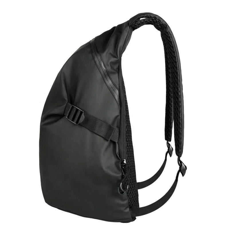 Black sling bag with a strap on a white background