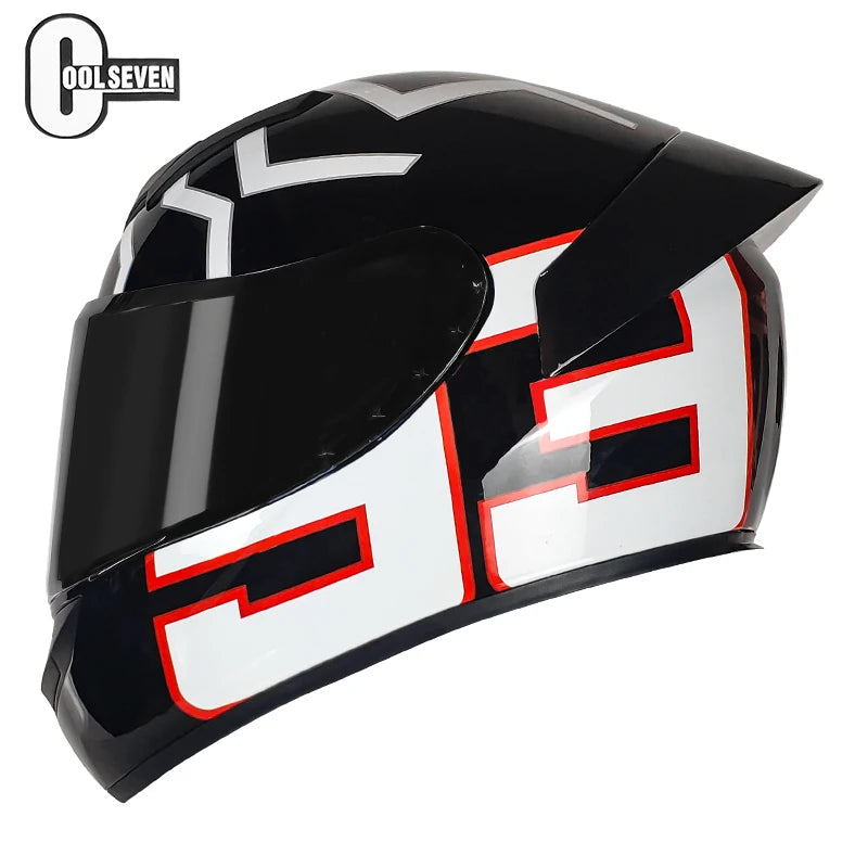 Black, white, and red motorcycle helmet with 'Cool Seven' branding on a white background