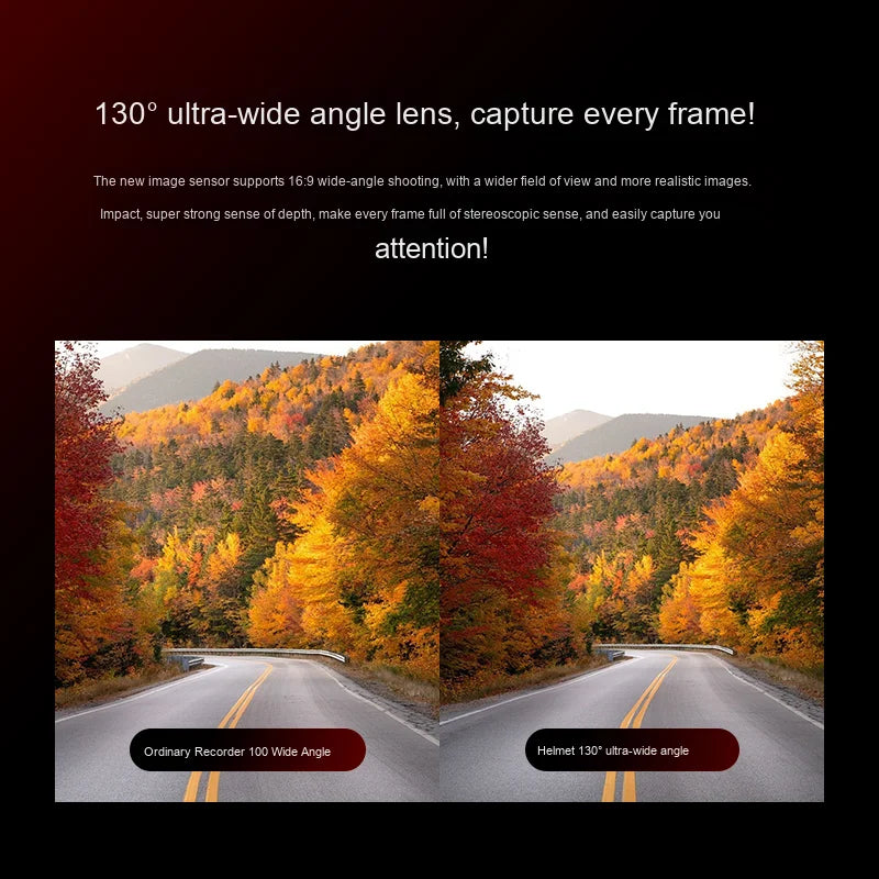 Comparison of 130° ultra-wide angle lens vs ordinary recorder on a scenic road with autumn trees.