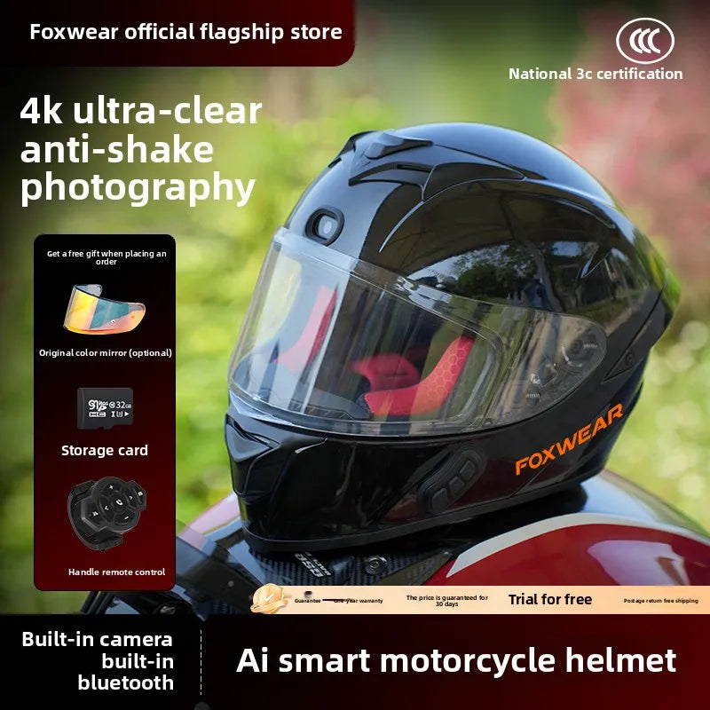 Foxwear smart motorcycle helmet with promotional text and graphics on a blurred background