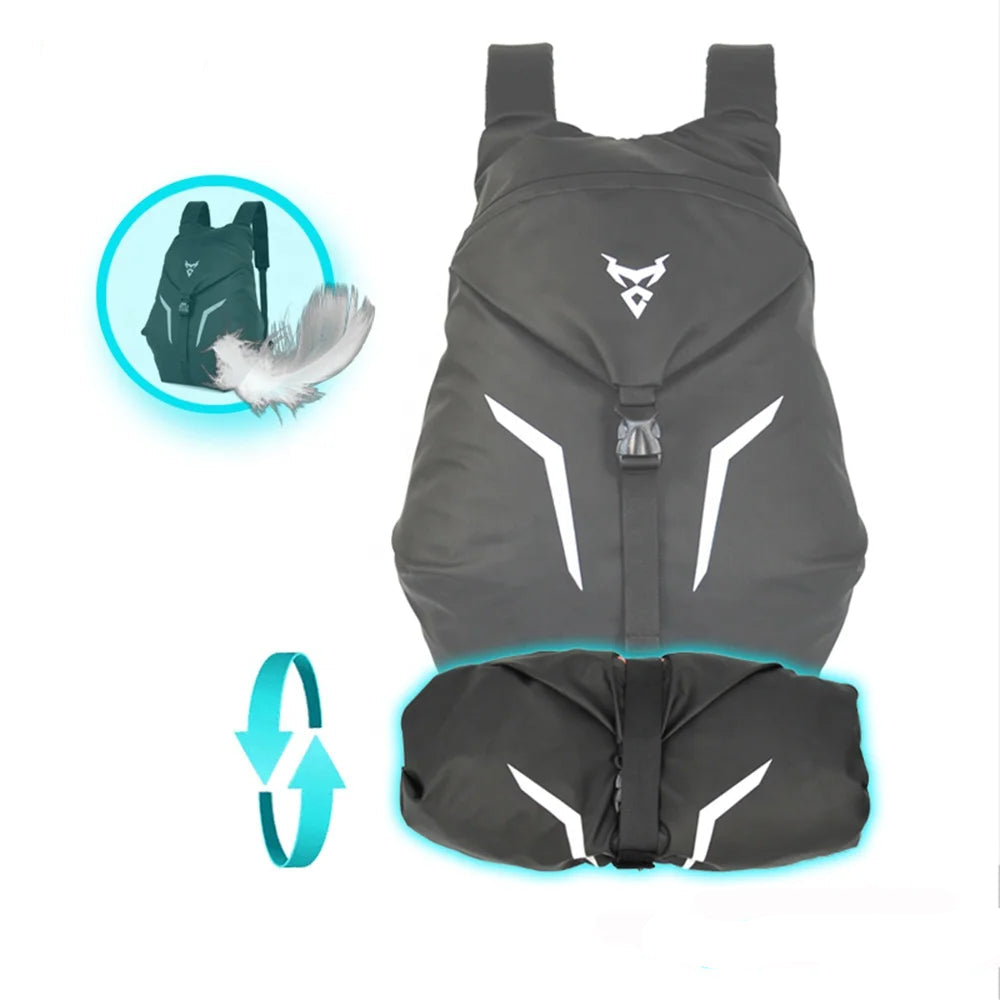 Gray backpack with white accents and a detachable pouch, featuring Moto Centric logo.