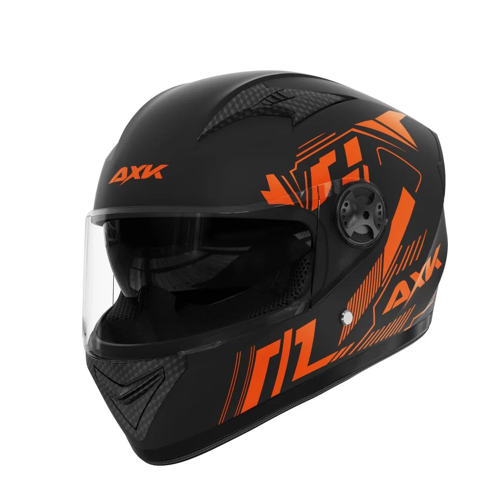 Black and orange helmet with 'AXK' branding on a white background