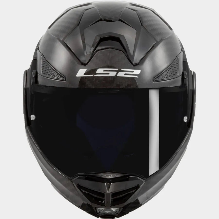 Black motorcycle helmet with LS2 branding on a white background