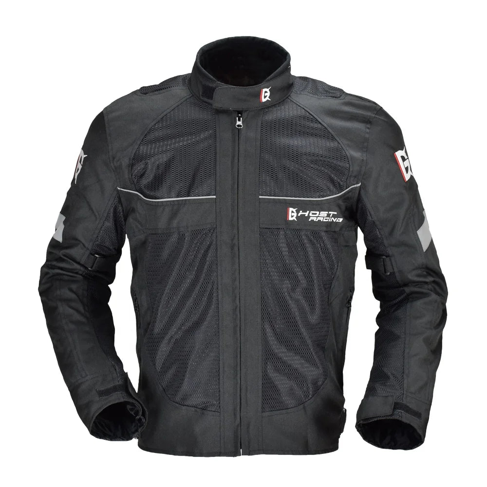 Black motorcycle jacket with brand logos on a white background