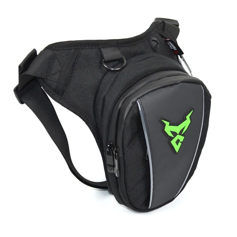 Black shoulder bag with a green logo on a white background