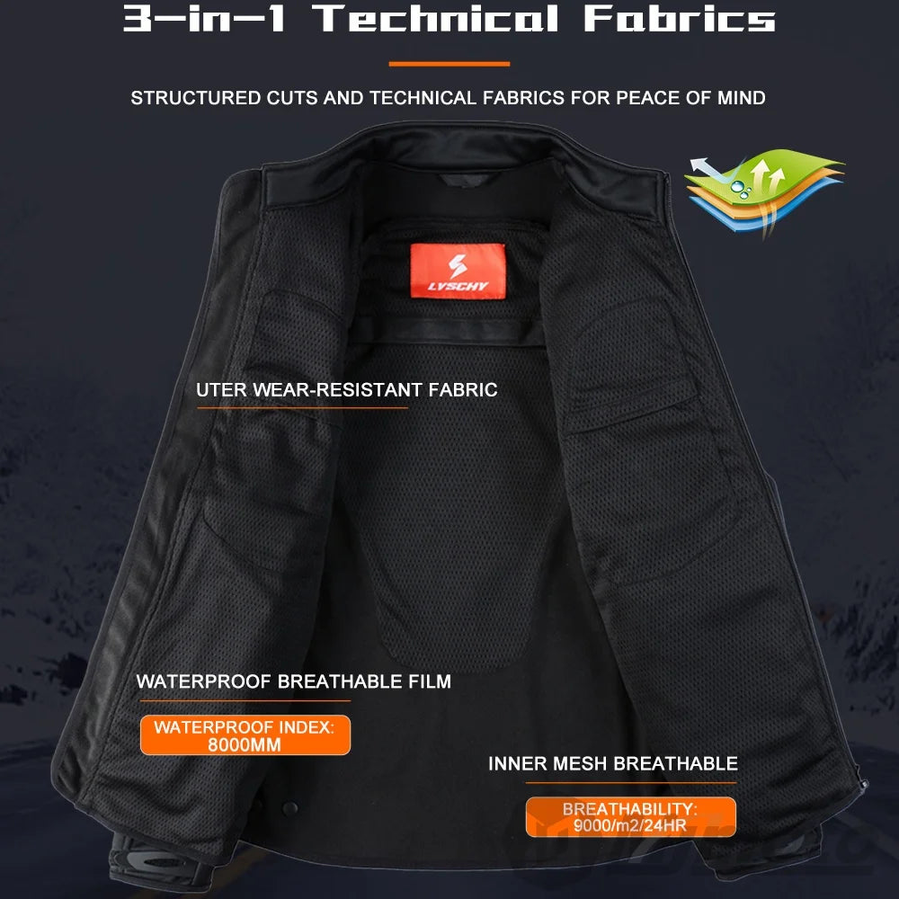LYSCHY Full Body Armor Motorcycle Jacket – 7-Piece CE Armor (L2 Shoulder/Elbow), 8000mm Waterproof, Stretch Slim Fit