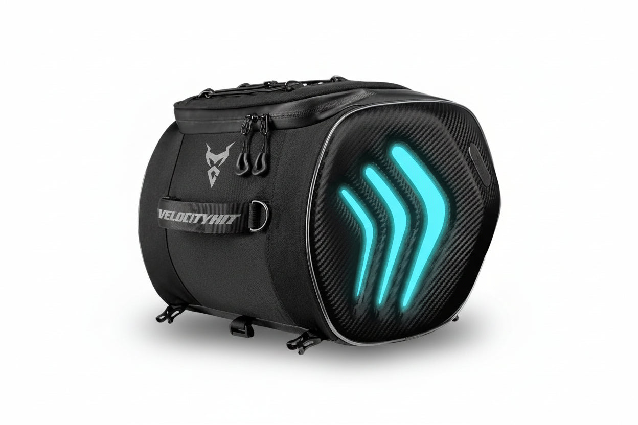 Black motorcycle saddlebag with glowing blue design on a white background