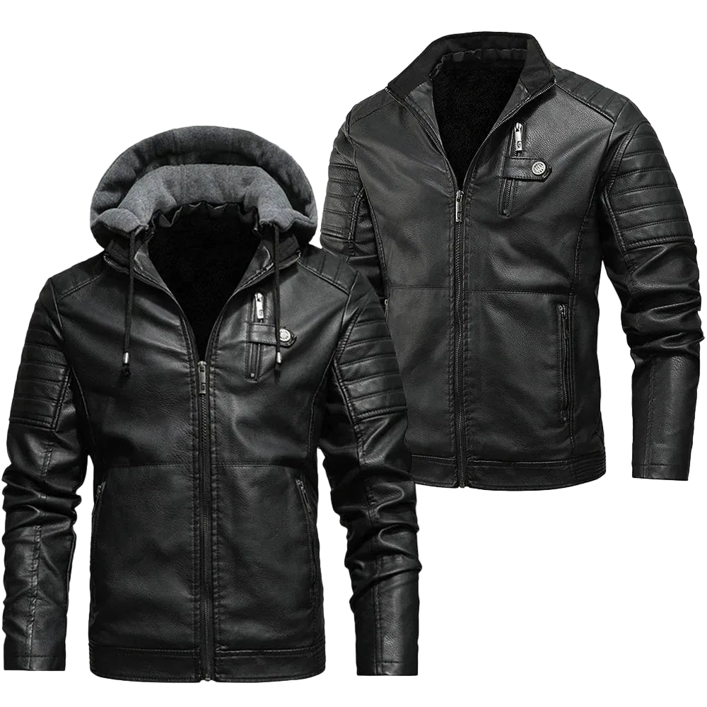Two black leather jackets with a hood and zipper, branded as MJMOTO motorcycle accessories.