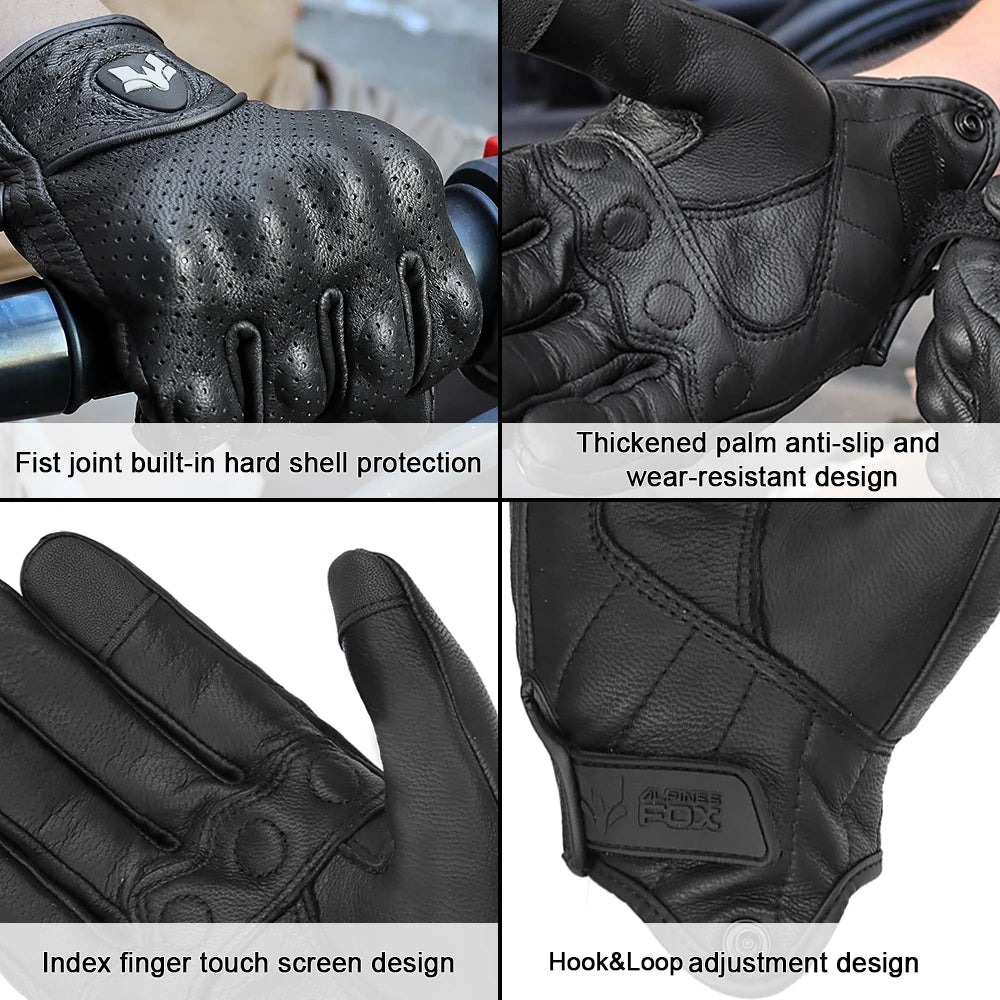 ALPINES FOX Vintage Leather Motorcycle Gloves – Touchscreen, Anti-Slip &amp; Breathable