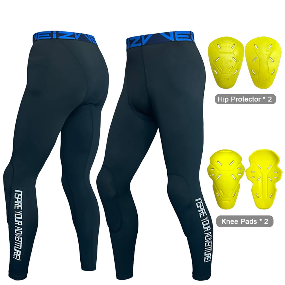 Black compression leggings with blue waistband and white text, accompanied by yellow protective gear on a white background.