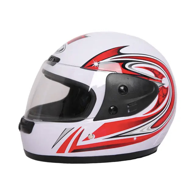 White motorcycle helmet with red and black designs on a white background
