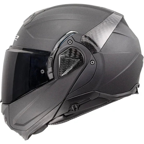 Black motorcycle helmet with a clear visor on a white background